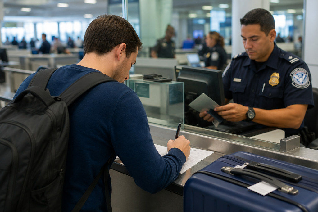 Viajante preenchendo declaração na alfândega dos Estados Unidos durante inspeção de entrada no país.
