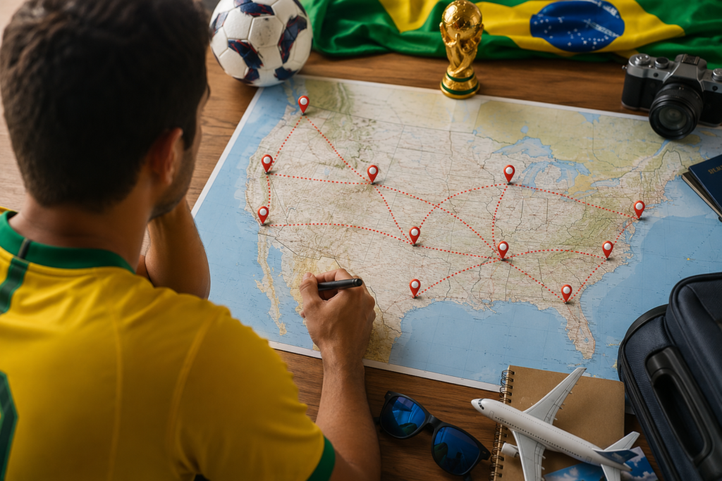Torcedor brasileiro planejando viagem entre cidades-sede da Copa do Mundo 2026 em mapa dos Estados Unidos.