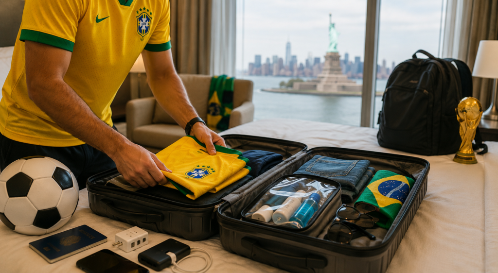 Torcedor brasileiro organizando a bagagem para viajar à Copa do Mundo 2026 nos Estados Unidos.